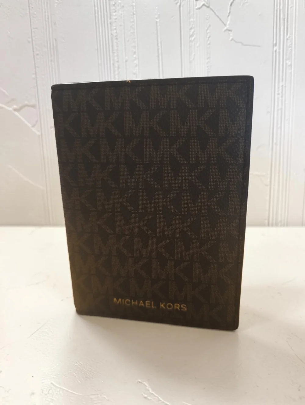 Michael Kors Dark Brown MK Logo Card & Passport Sleeve with Gold Logo (Good)